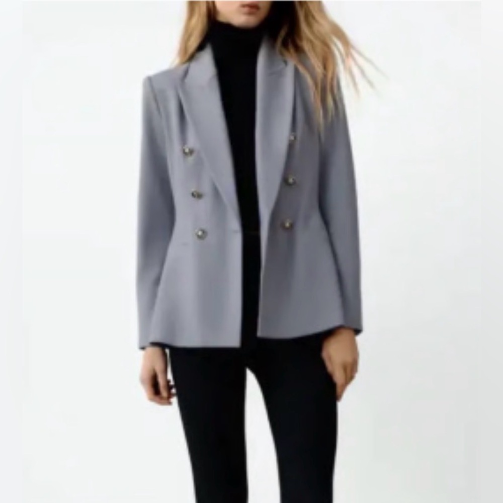 ZARA DOUBLE-BREASTED BLAZER TAILORED JACKET BLUE STEEL Size M